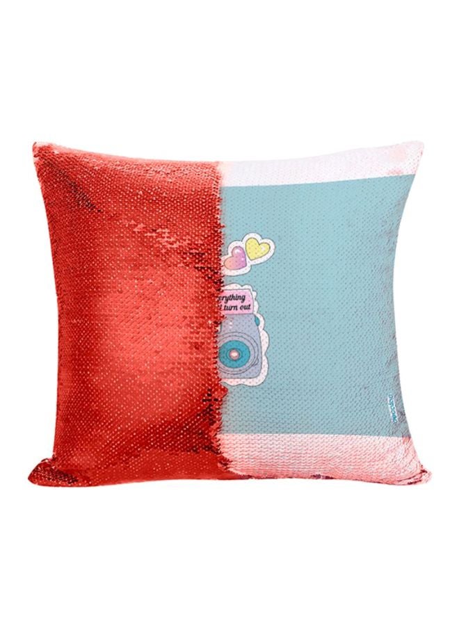 ديكالاك وسادة مزينة بتطريز ترتر بشكل عكسي وطباعة كاميرا بشكل كرتوني أحمر/أزرق 45x45سم