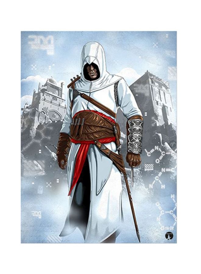 بي بي ملصق معدني بطبعة من لعبة الفيديو Assassin's Creed أبيض/أحمر 15x20سم