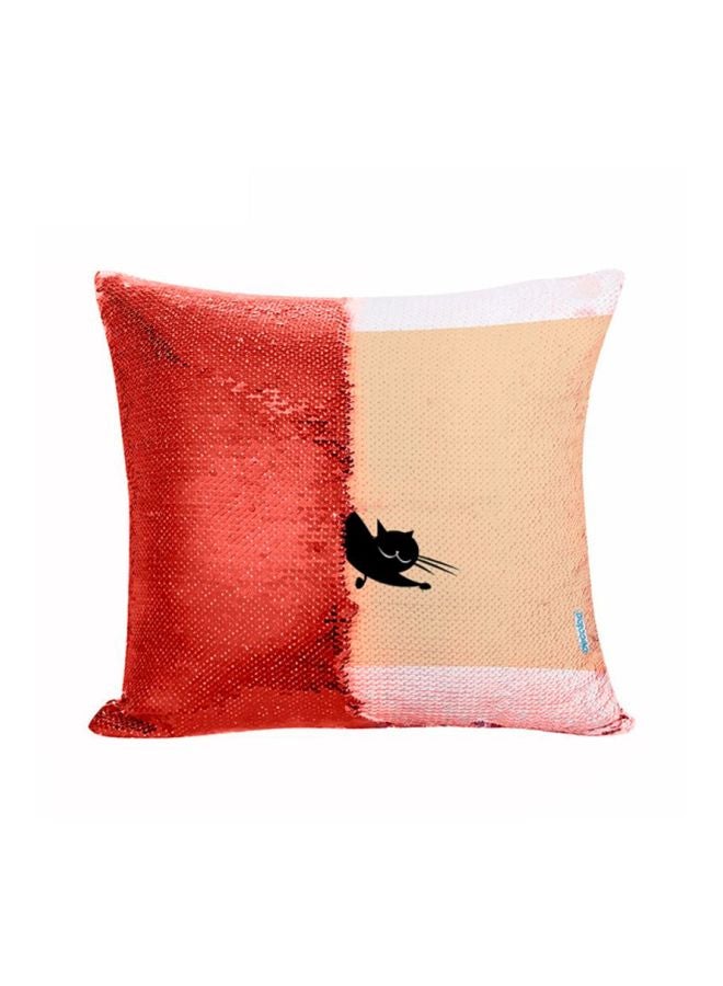 ديكالاك وسادة ديكور من الترتر القلاب مزينة بتصميم قطة أحمر/كريمي 45x45سم