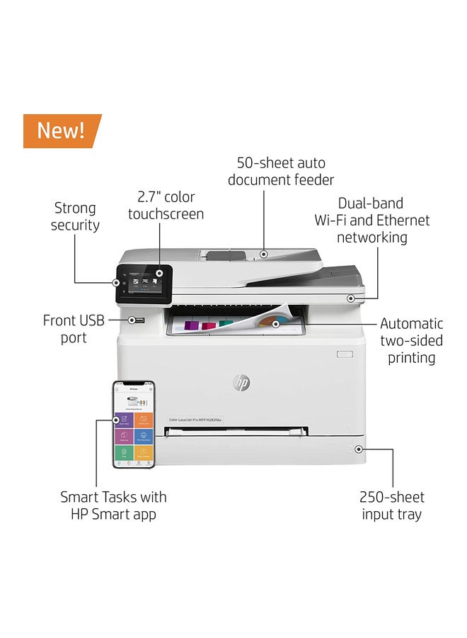 M283fdw Color LaserJet Pro Multi-Function Printer, Print, Copy, Scan, Fax, 22 ppm Print Speed, 600 x 600 dpi Resolution, 2.7" Color Touchscreen, 50-Page ADF for Scanning and Copying | 7KW75A White - v1598692275/N40022136A_6