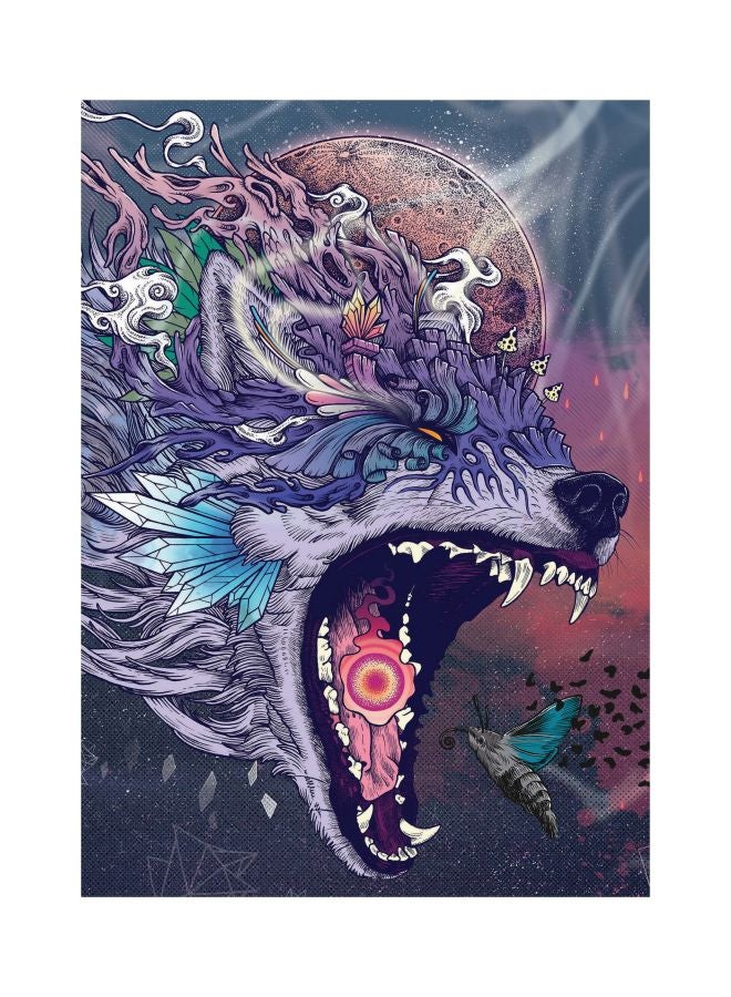 ROSE HAND Wolf Themed Wall Painting With Frame Purple/Pink/Grey 75x50cm - Image 1