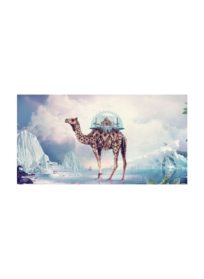 ROSE HAND Camel Tajmahal Themed Canvas Framed Painting White/Blue/Brown 70x50cm - Image 1
