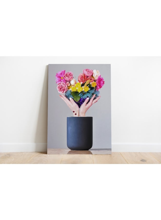 ROSE HAND Flower Themed Canvas Painting With Frame Pink/Yellow/Beige 70x50cm - Image 2