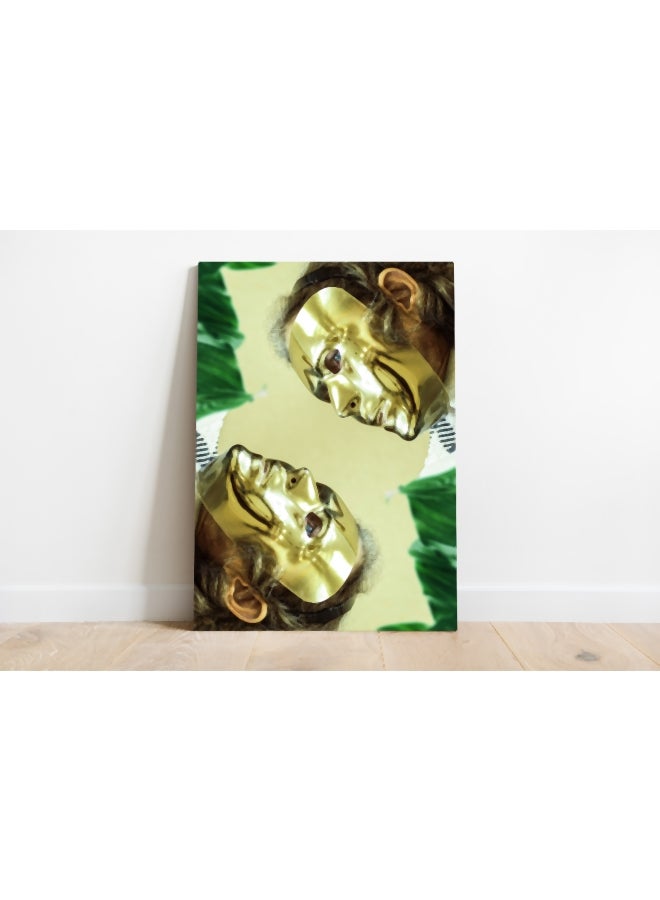 ROSE HAND Mask On Face Themed Canvas Framed Painting Gold/Green/White 70x50cm - Image 2