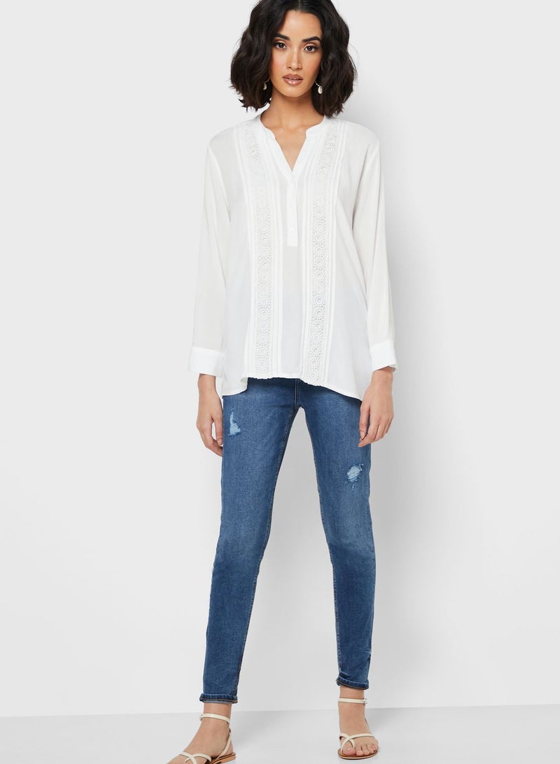 Reserved Lace Detail Placket Top White - Image 4