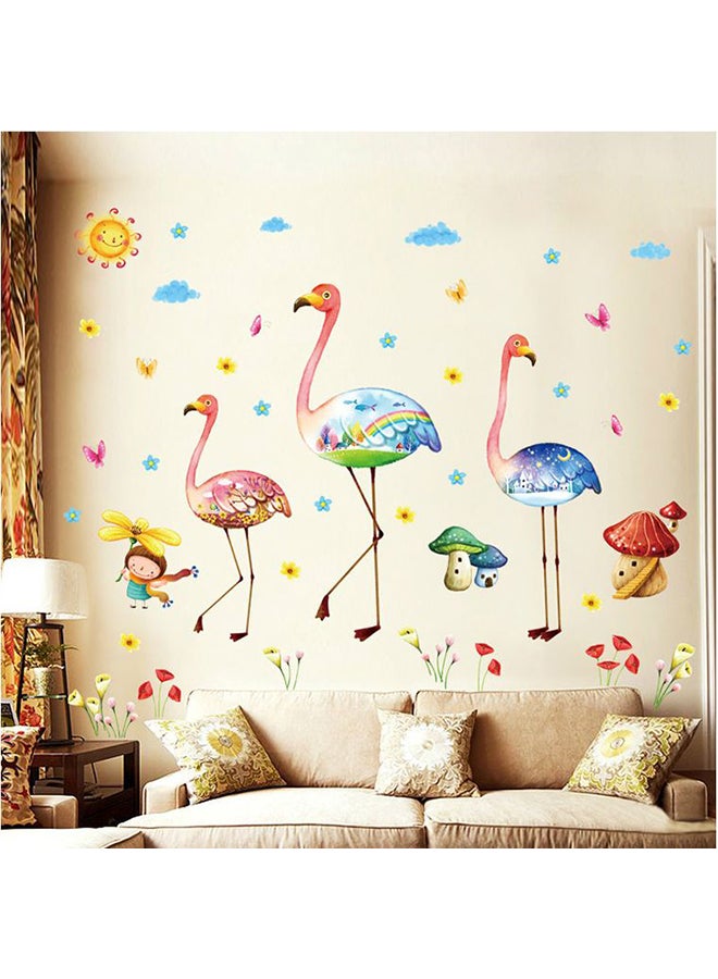 ملصق جداري بتصميم فتاة صغيرة وطائر الفلامنجو وزهور متعدد الألوان 90x60سم - Image 2