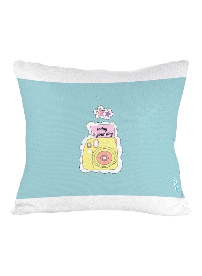 Decalac Cartoon Camera Design Flip Sequin Decorative Pillow Blue/White/Black 45x45cm - Image 2