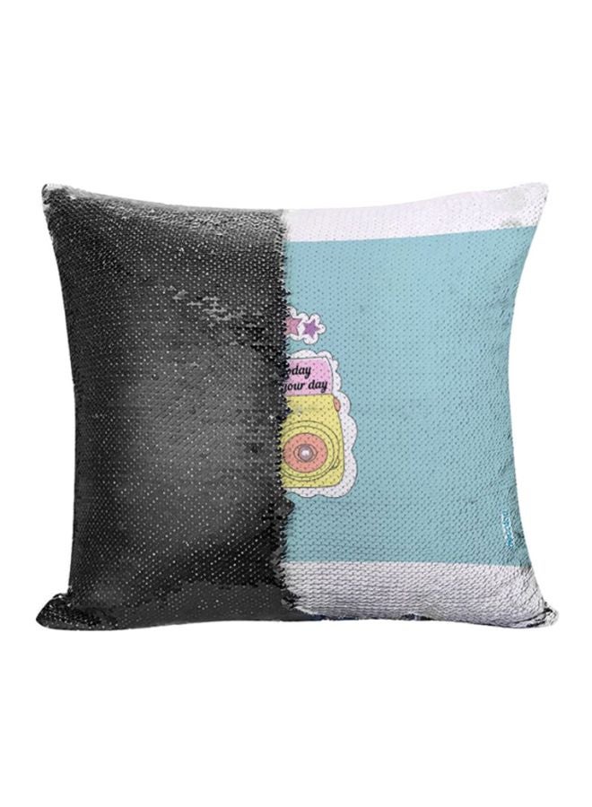 Decalac Cartoon Camera Design Flip Sequin Decorative Pillow Blue/White/Black 45x45cm - Image 1