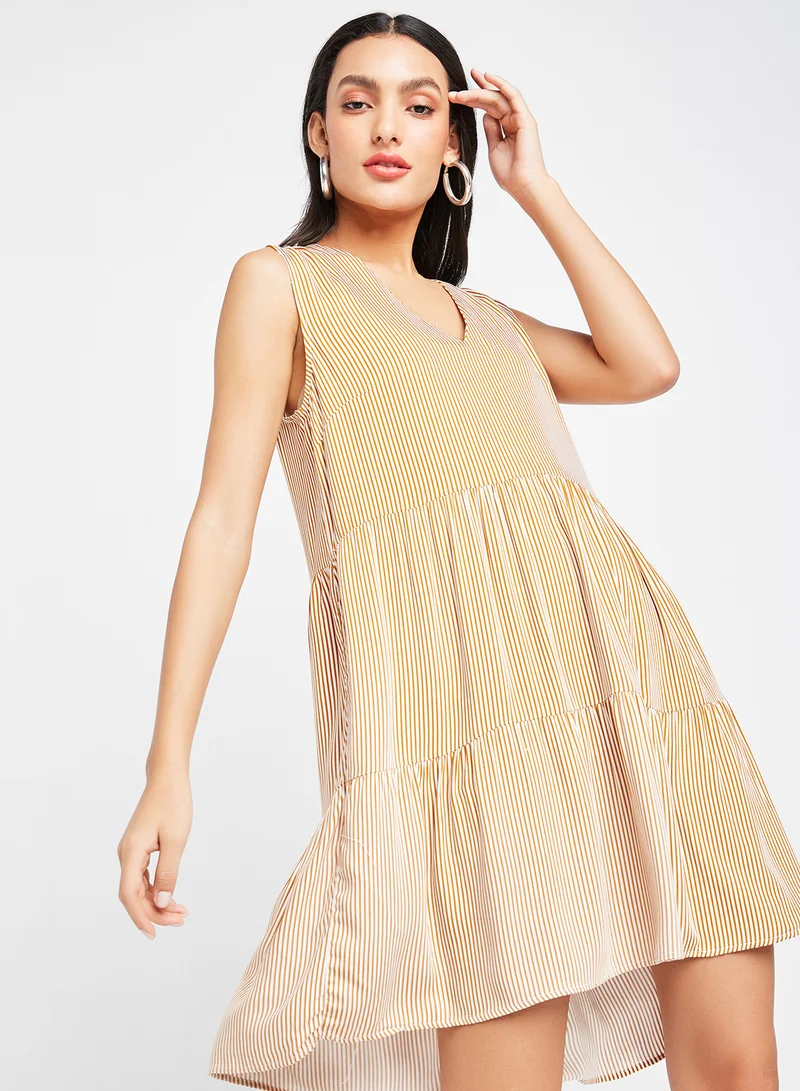 trendyol Striped Tier Hem Dress Camel