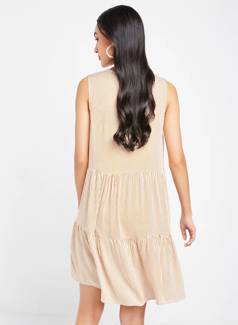 trendyol Striped Tier Hem Dress Camel