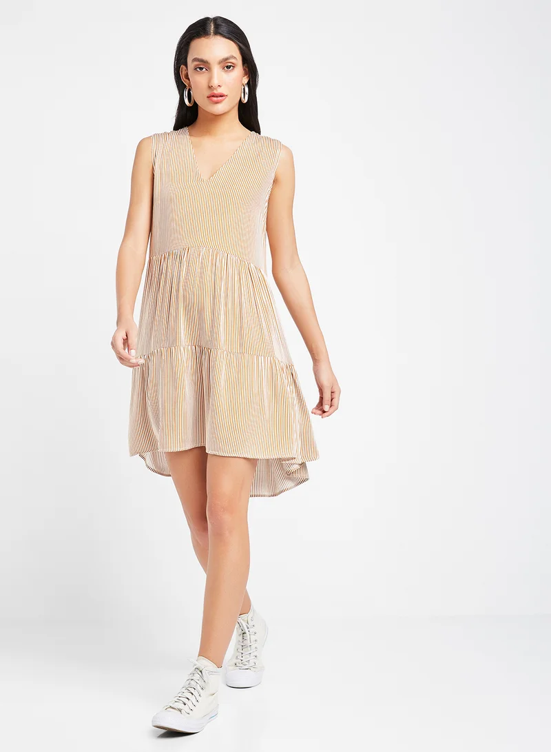 trendyol Striped Tier Hem Dress Camel