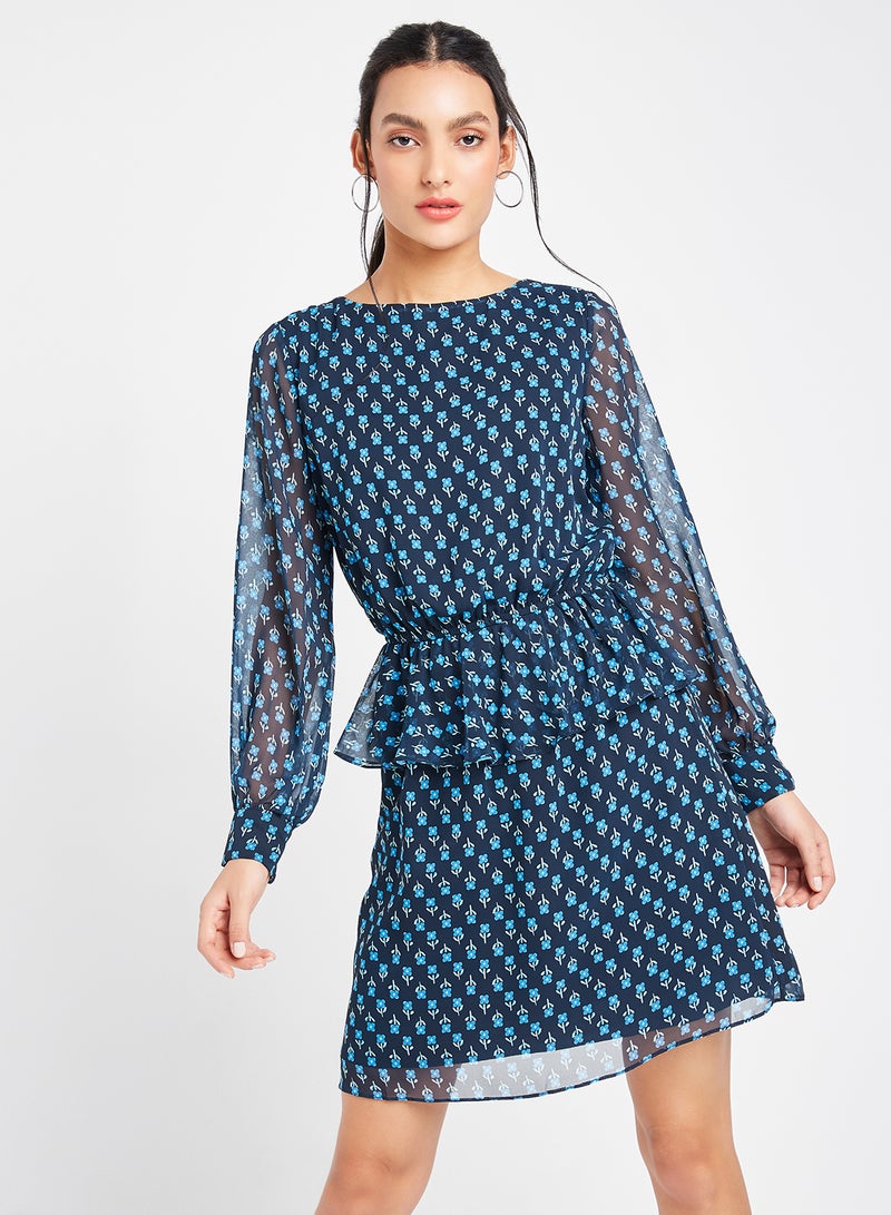 trendyol - Ruffle Detail Ditsy Print Dress Navy - Image 1