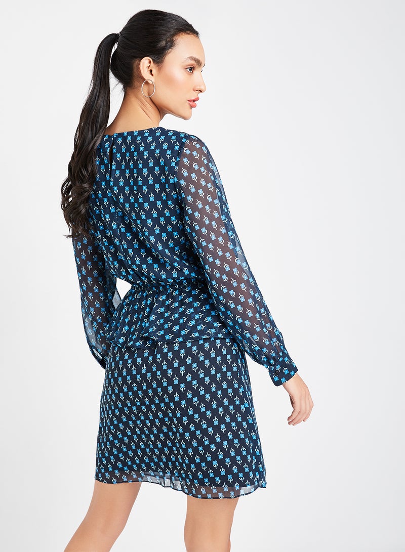 trendyol - Ruffle Detail Ditsy Print Dress Navy - Image 1