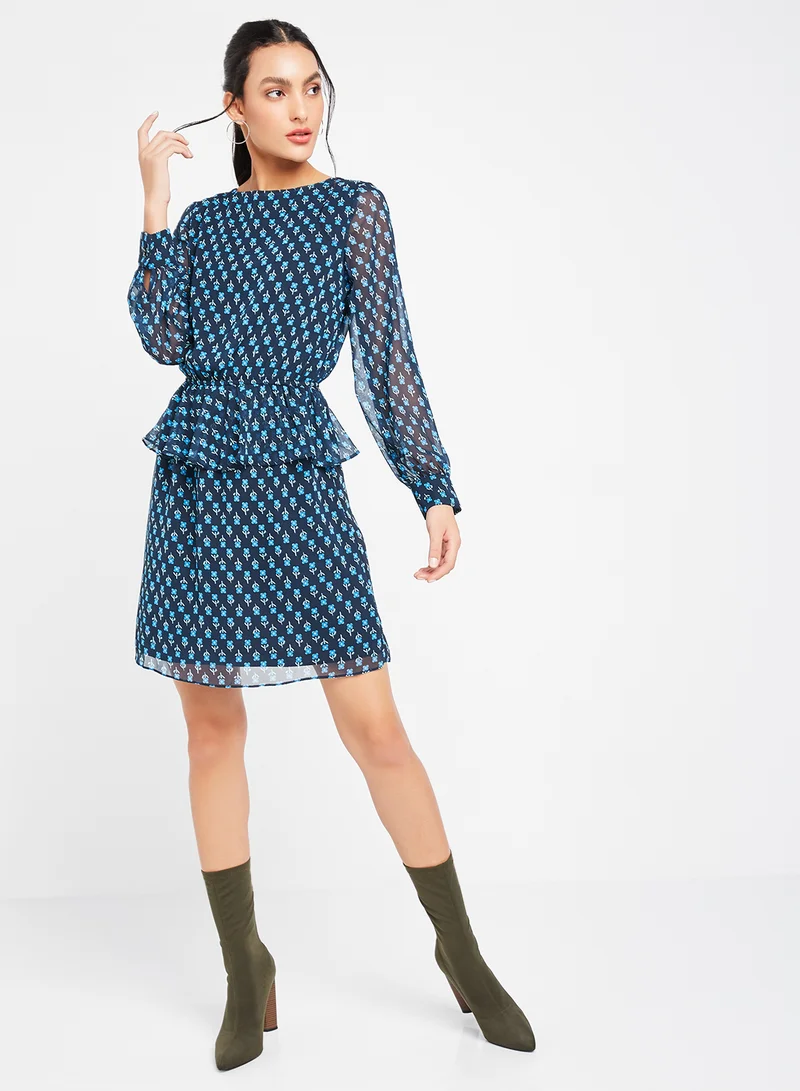 trendyol Ruffle Detail Ditsy Print Dress Navy