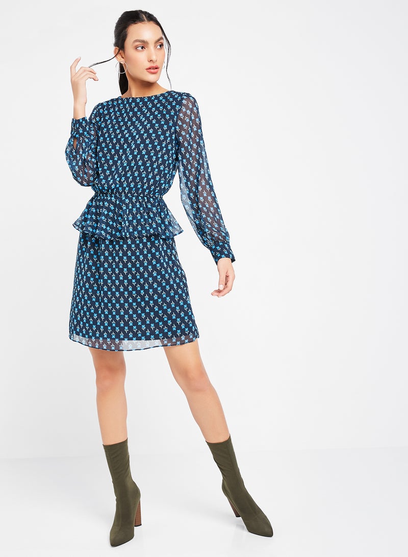 trendyol - Ruffle Detail Ditsy Print Dress Navy - Image 1