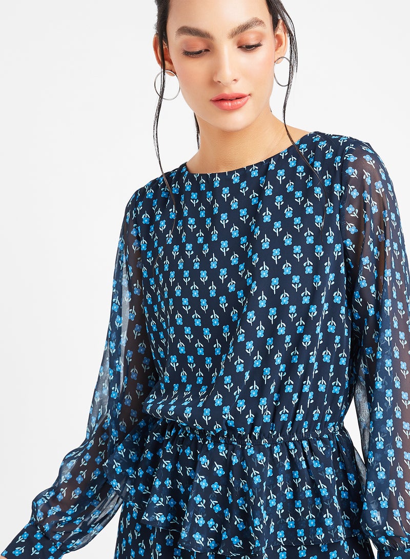 trendyol - Ruffle Detail Ditsy Print Dress Navy - Image 1