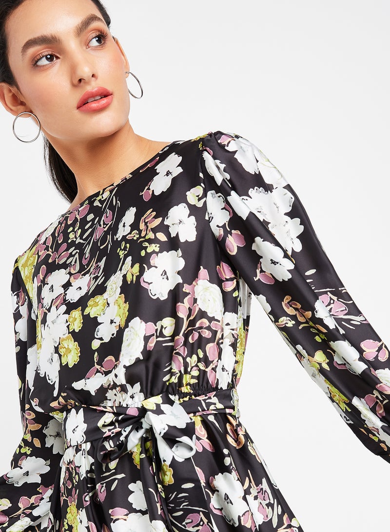 trendyol Floral Belted Dress Black/White/Pink  - Image 4