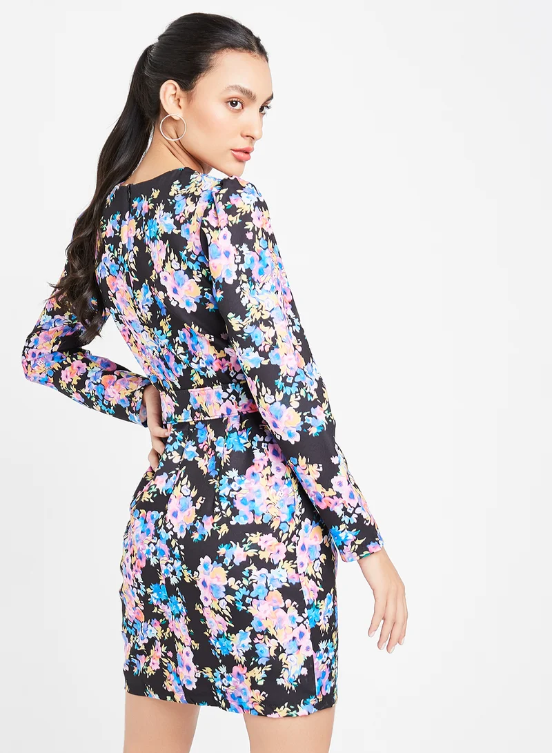 trendyol Floral Print Belted Mini Dress