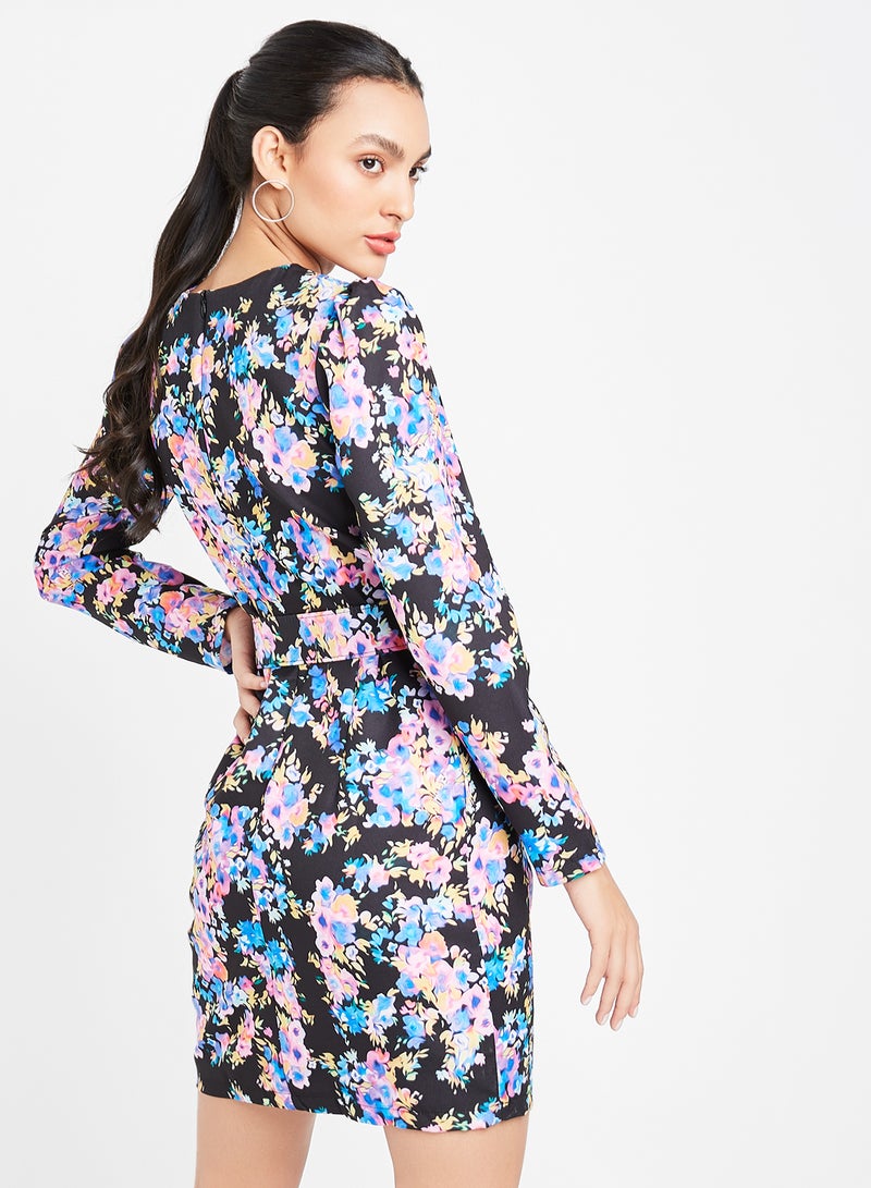 trendyol - Floral Print Belted Mini Dress Multicolour - Image 1