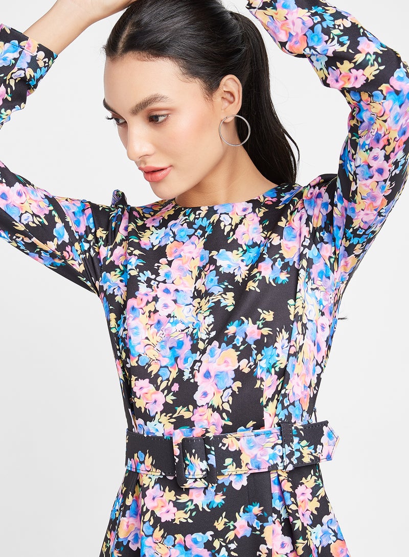 trendyol - Floral Print Belted Mini Dress Multicolour - Image 1
