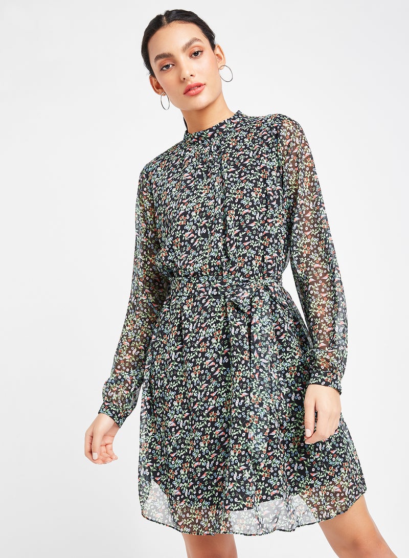 trendyol Ditsy Print Tie Waist Dress Black  - Image 1