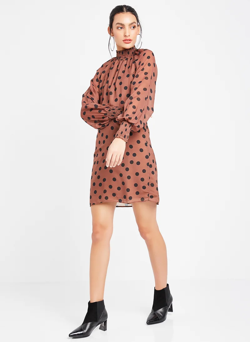 trendyol Shirred High Neck Mini Dress Brown/Black