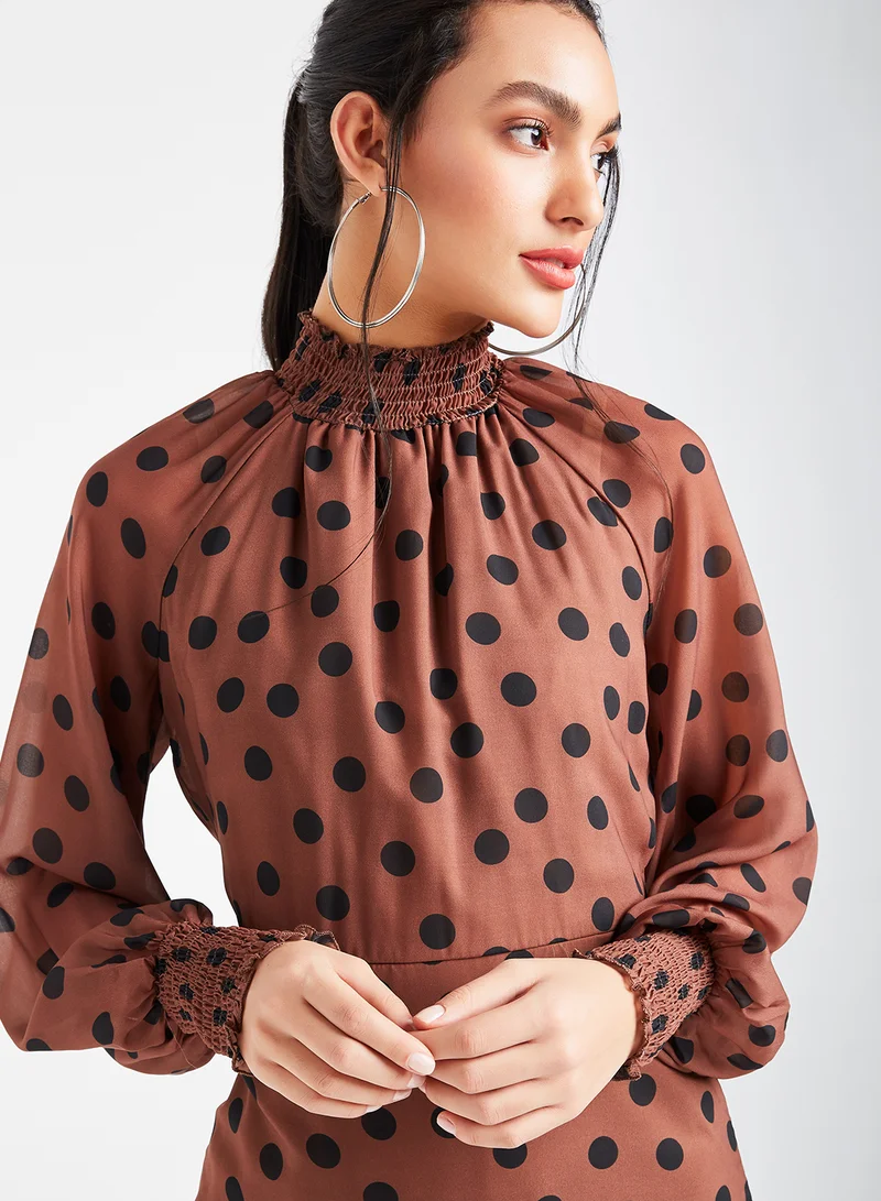 trendyol Shirred High Neck Mini Dress Brown/Black