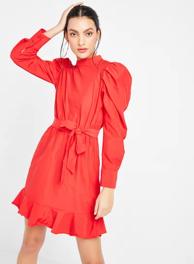 trendyol Puffy Sleeve Belted Dress Red