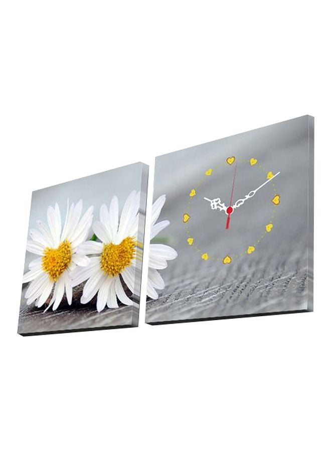 2-Piece Decorative Wall Art And Wall Clock Set Grey/White/Yellow 28x28cm