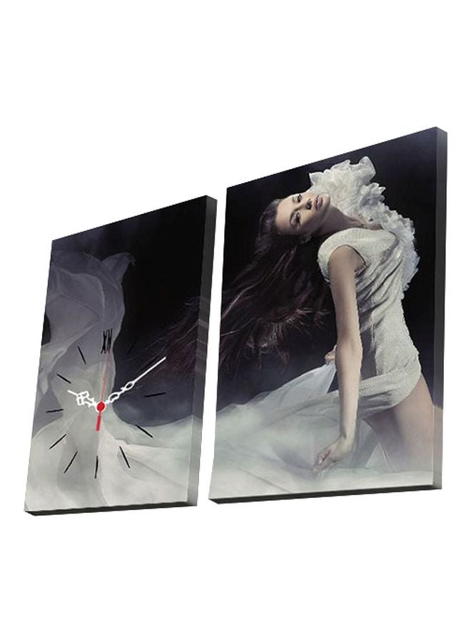 2-Piece Decorative Wall Art And Wall Clock Set White/Black 30x40cm
