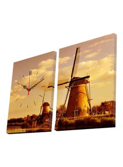 Clock Art 2-Piece Windmill Themed Wall Art And Clock Set Gold/Brown/White 2x (30x40)cm 