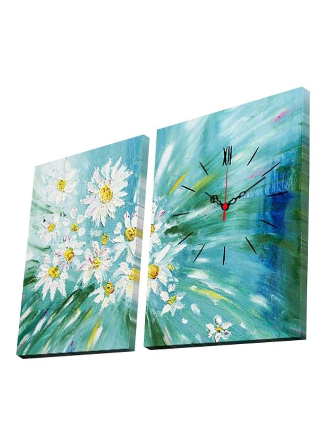 2-Piece Floral Themed Wall Art And Clock Set Green/White/Blue 2x (30x40)cm