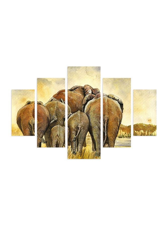 مجموعة لوحات فنية بإطار لديكور الحائط بتصميم فيل مكونة من 5 قطع بني/بيج 92x56سم