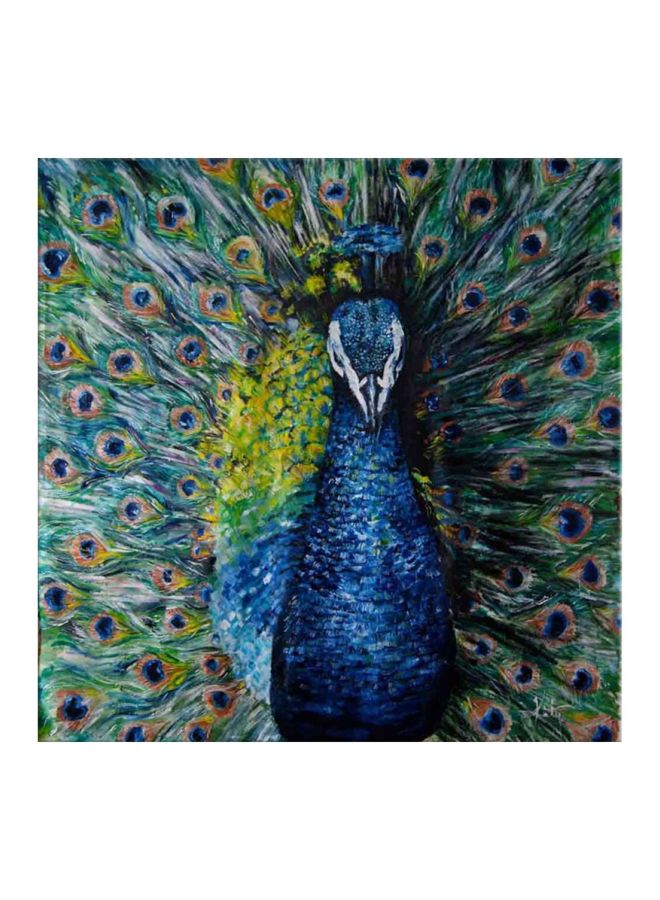 بونامايسون لوحة فنية لديكور الحائط مزودة بإطار برسمة طاووس أزرق/أخضر/أبيض 40x40سم  - Image 1