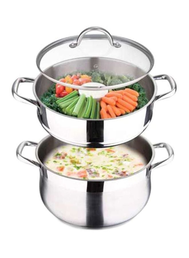 BERGNER - 2 Pieces Stainless Steel Veg Steamer Induction With Glass Lid Silver 28cm - Image 1