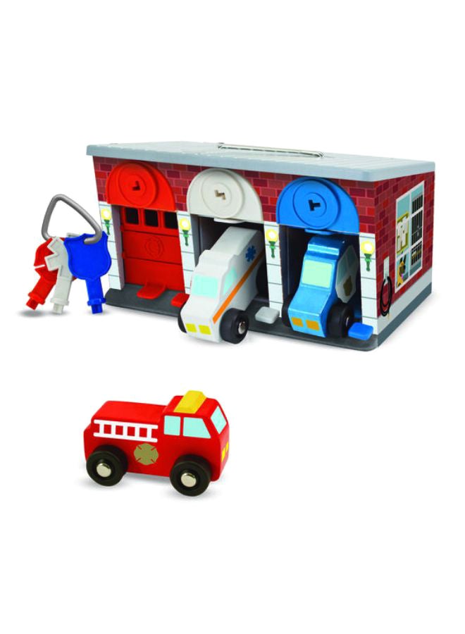 Melissa & Doug Keys & Cars Rescue Garage – Wooden Garage Toy with 3 Lockable Doors, Keys & 3 Vehicles – Educational Gift for Imaginative Play and Fine Motor Skills for Kids Ages 3 and Up | MD4607 Multicolour - Image 2