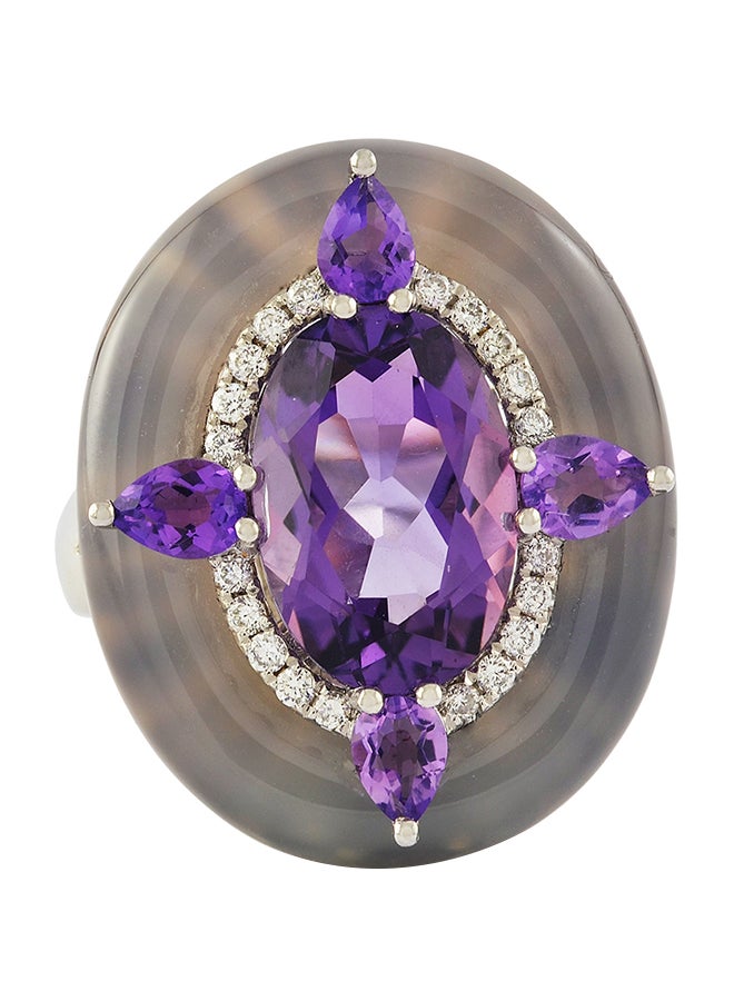 STARGEMS - 18 Karat White Gold 0.18Ct Diamond And Amethyst Studded Ring - Image 1