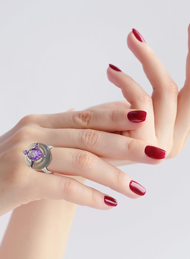STARGEMS - 18 Karat White Gold 0.18Ct Diamond And Amethyst Studded Ring - Image 1