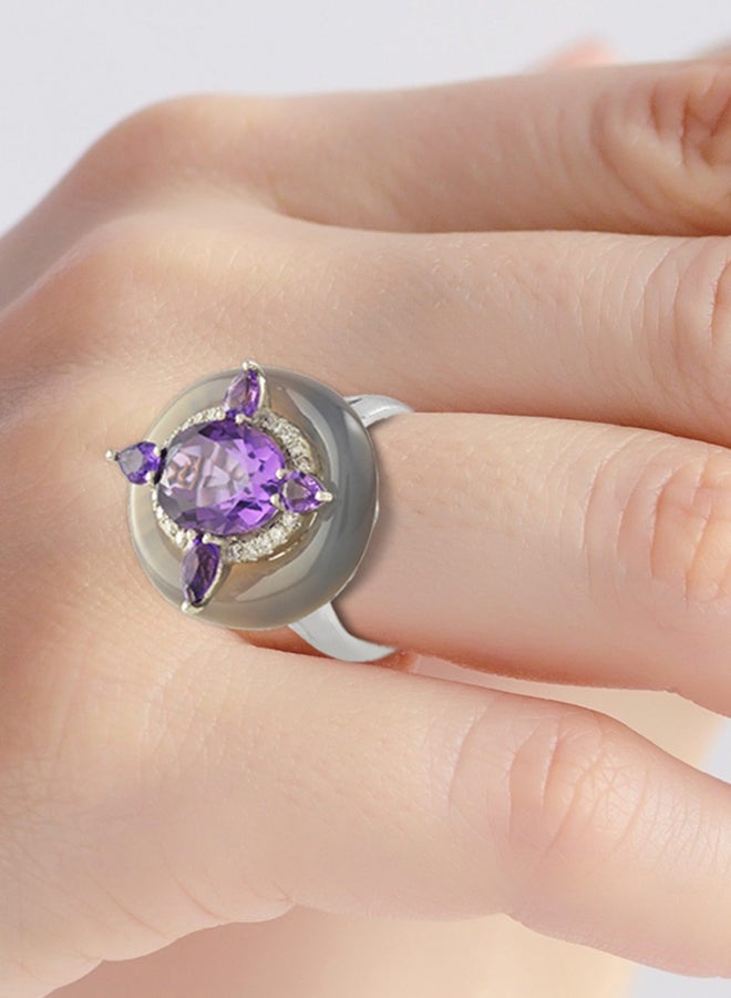 STARGEMS - 18 Karat White Gold 0.18Ct Diamond And Amethyst Studded Ring - Image 1