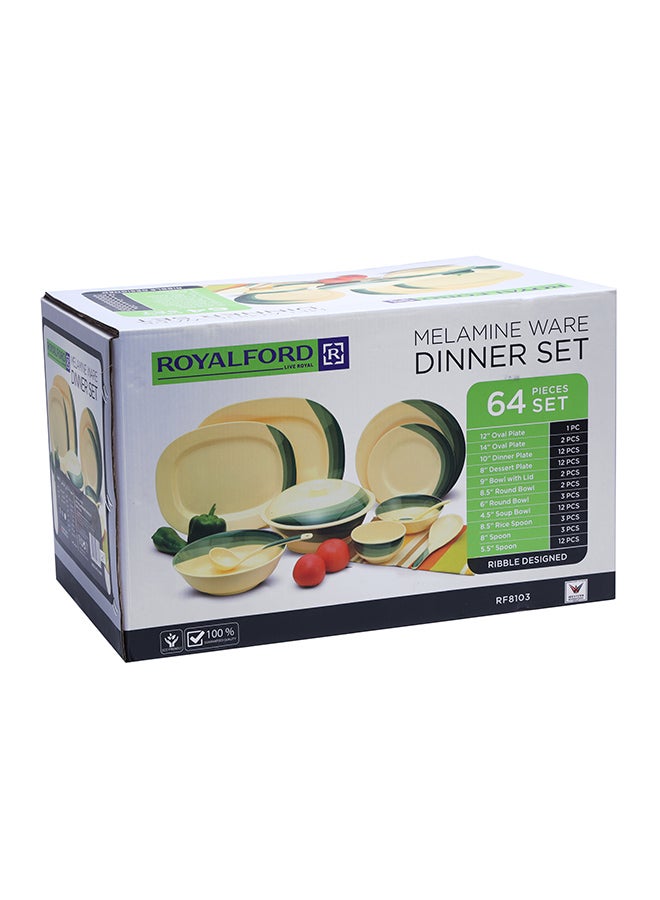 Royalford Melamine Dinner Set 64 Pieces Top Rack Dishwasher Safe Freezer Safe Break Resistant Multicolor Green/Beige - Image 4