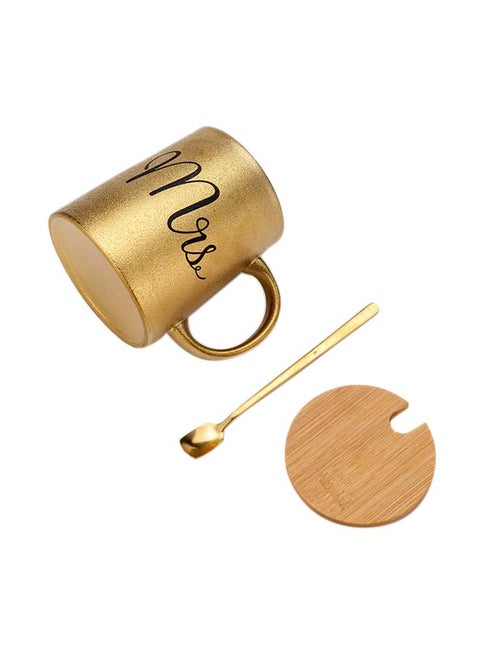 Golden Ceramic Mug And Spoon With Wooden Lid Gold 11.5x9.5x10.50centimeter