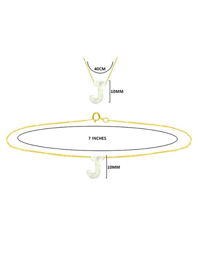 18 Karat Gold J Letter Mother Of Pearl Jewellery Set