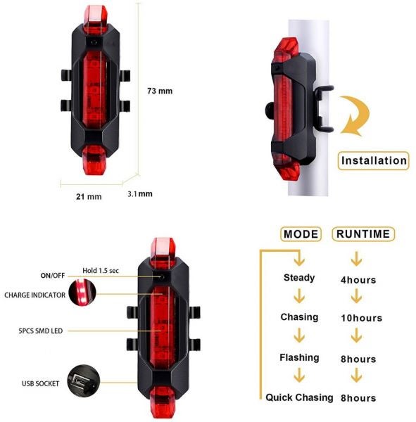 طقم مصابيح سلامة LED للدراجة قابلة للشحن بمنفذ USB مكون من 5 قطع One Size - Image 2