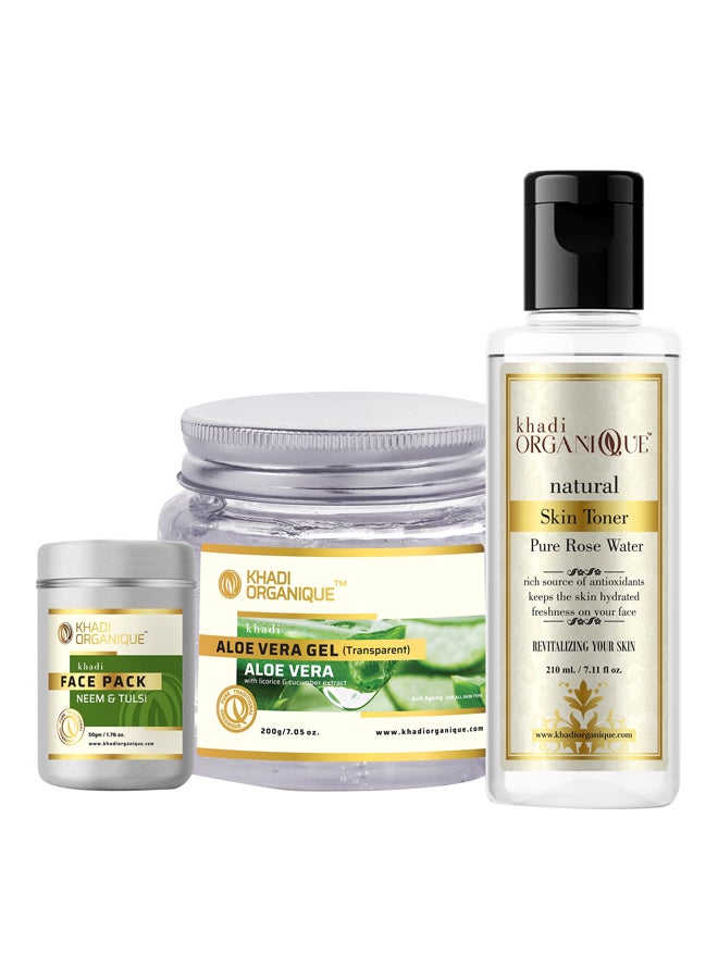 Khadi ORGANIQUE Pack Of 3 Neem Tulsi Face Pack Rose Water Skin Toner Transparent Aloe Vera Gel 460ml  - Image 1