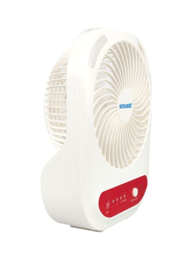 SONASHI - 6 Inch Rechargeable Mini Fan With Led Light - 3 Speeds High/Medium/Low | Solar Charge & Power Bank Functions | Continuous Working Of 3 Hours(High), 6 Hours(Mid) & 14 Hours(Low) SRF-607NR Red/White - Image 1