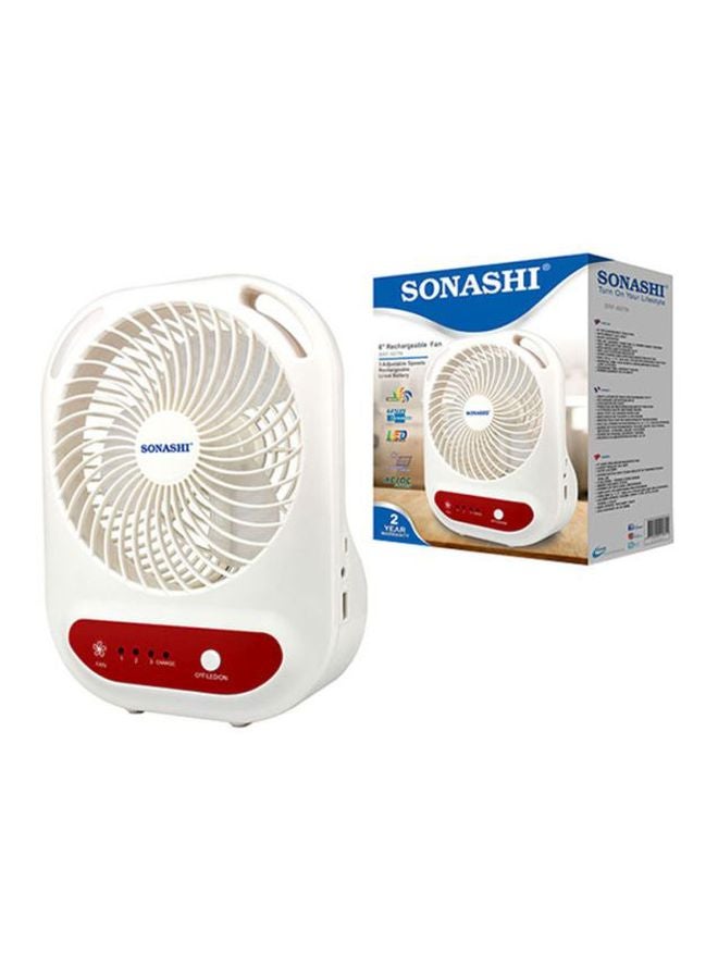 SONASHI - 6 Inch Rechargeable Mini Fan With Led Light - 3 Speeds High/Medium/Low | Solar Charge & Power Bank Functions | Continuous Working Of 3 Hours(High), 6 Hours(Mid) & 14 Hours(Low) SRF-607NR Red/White - Image 1