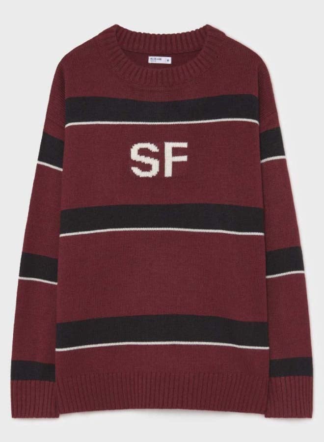 BlueAge Stripes Pattern Knitted Pullover Maroon/Black/White - Image 1