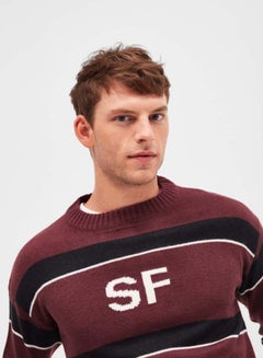 Stripes Pattern Knitted Pullover Maroon/Black/White - v1599730129/N39812726V_3