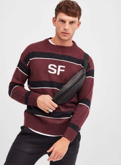 Stripes Pattern Knitted Pullover Maroon/Black/White - v1599730129/N39812726V_4