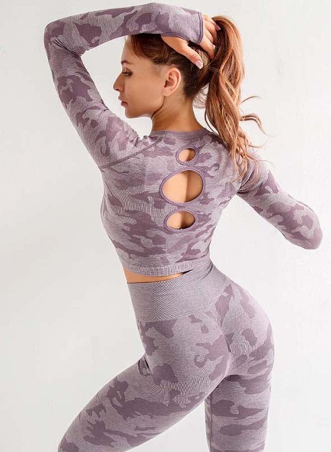 QiaoKai 2-Piece Camouflage Pattern Top And Leggings Set Purple  - Image 2